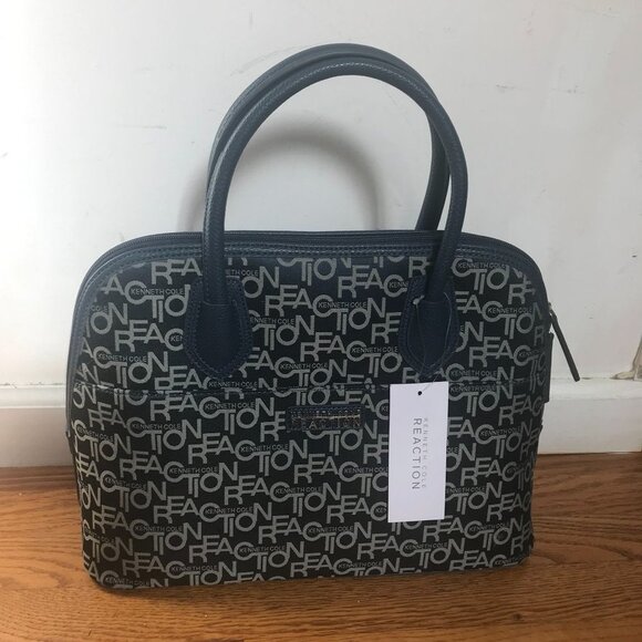 Kenneth Cole Signature Monogram Navy Blue Cruise Dome Satchel Purse Handbag Bag - Picture 1 of 11